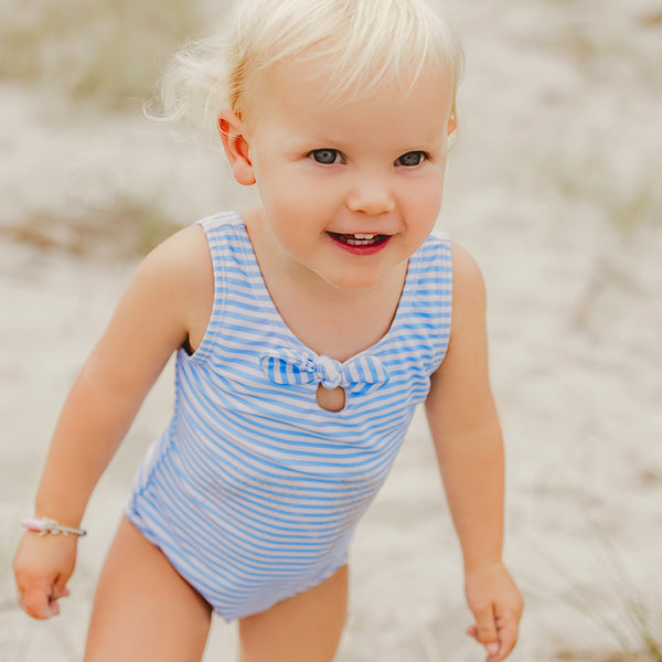 Snapper Rock Powder Blue Sustainable Stripe Bow Swimsuit G13221 - Blue