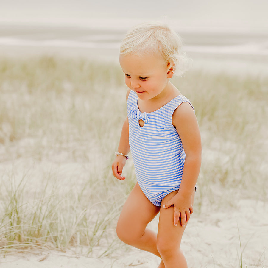 Snapper Rock Powder Blue Sustainable Stripe Bow Swimsuit G13221 - Blue