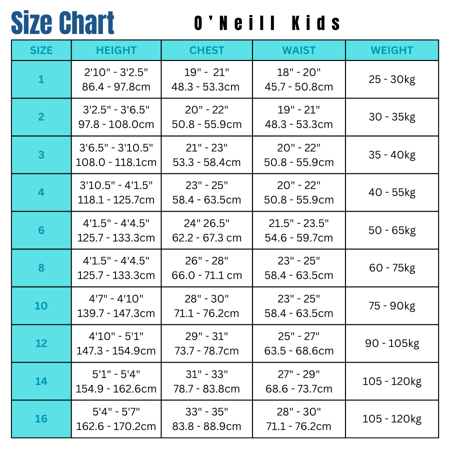 O'Neill Kids Swimwear Size Chart