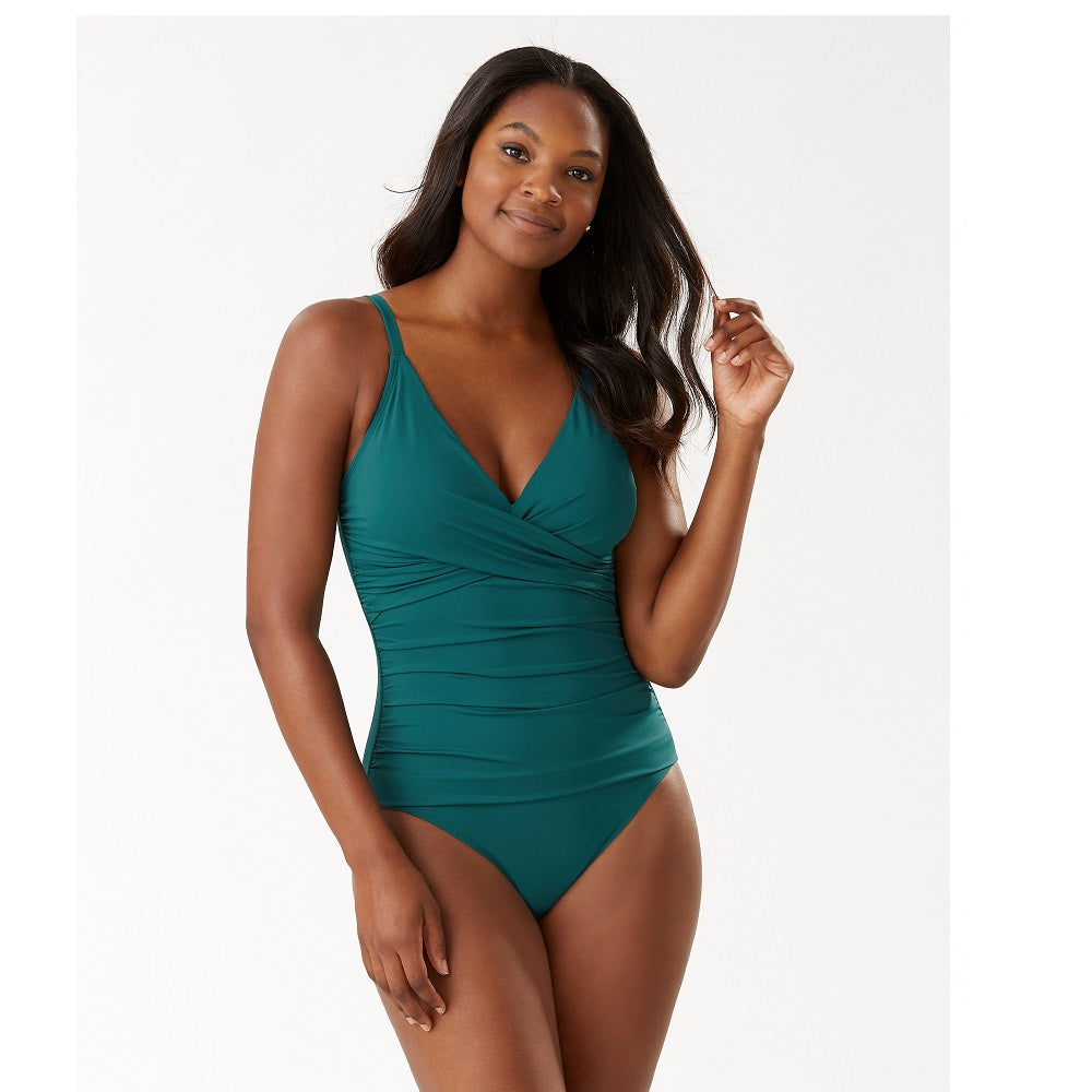 Pearl Over-the-Shoulder V-Neck One-Piece Swimsuit
